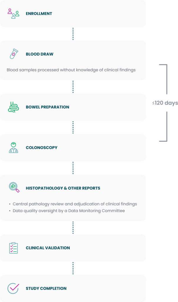 Steps in the PREEMPT CRC Study: enrollment, blood draw, colonoscopy, analysis, and validation within 120 days.